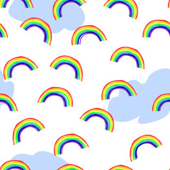 Seamless pattern with rainbows and clouds on white background for surface design and other design projects