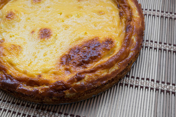 Close-up of a delicious homemade cheesecake baked