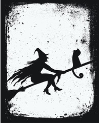Halloween Spooky Witch Riding Broom with Cat on Grunge Frame Black and White Background Grit and Dirt