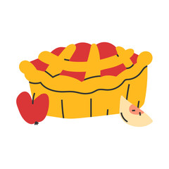 Simple hand drawn illustration of apple tart cake, autumn seasonal homemade dessert. Vector doodle icon in modern trendy flat cartoon style.