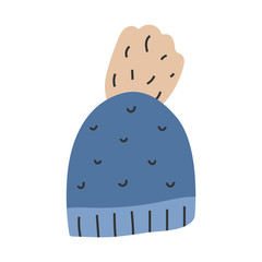 Simple hand drawn illustration of knitted beanie hat for cool autumn weather,  seasonal outfit. Vector doodle icon in modern trendy flat cartoon style.