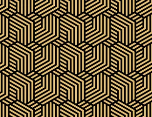 Gordijnen Abstract geometrisch patroon met strepen, lijnen. Naadloze vectorachtergrond. Goud en zwart ornament. Eenvoudig rooster grafisch ontwerp © ELENA