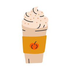 Simple hand drawn illustration of disposable coffee mug with pumpkin spice taste latte with cream on top, autumn seasonal drink. Vector doodle icon in modern trendy flat cartoon style.