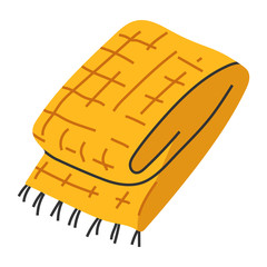 Vector hand drawn illustration of warm woolen plaid blanket for cool autumn weather, seasonal fall symbol. Doodle icon in modern trendy flat cartoon style.