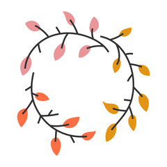 Vector hand drawn illustration of branch wreath with yellow and red leaves. Doodle icons in modern trendy flat cartoon style.