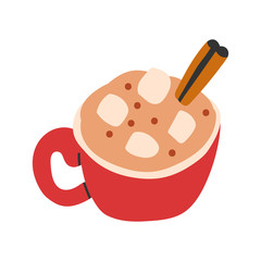 Vector hand drawn illustration of hot chocolate cocoa drink with cream and marshmallow topping, seasonal autumn coffee dessert drink. Doodle icon in modern trendy flat cartoon style.