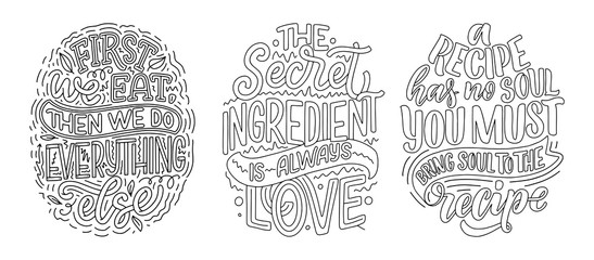 Set with vector quotes in hand drawn unique typography style, elements for greeting cards, decoration, prints and posters. Handwritten lettering about food and cooking.