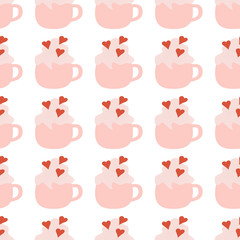 This is seamless pattern of cup coffee with cream on white background. Wrapping paper. 