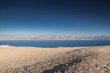 Fototapeta na wymiar Mount Sodom with a beautiful view to Dead sea at sunny day