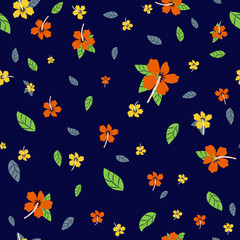 Leaves and flowers hibiscus hand drawn seamless pattern. Abstract green plants drawing. Scandinavian style naive backdrop. Exotic, tropical split leaves. Botanical wrapping paper, textile flat design