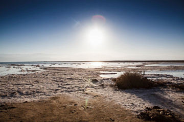 Lonely man walks along the path through the Dead sea from Israel to Jordan cross the border