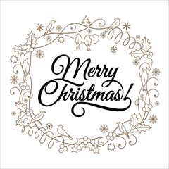 Merry Christmas, hand written lettering and Christmas ornaments on white background. Can be used  for greeting card, invitation, banner, Christmas card  design and Xmas concept. Vector illustration.