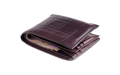 male leather purse with money. used mens wallet isolated on white background.
