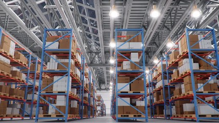 Warehouse with cardboard boxes inside on pallets racks, logistic center. Huge, large modern warehouse. Warehouse filled with cardboard boxes on shelves. Loop-able seamless 4K 3D animation - Powered by Adobe