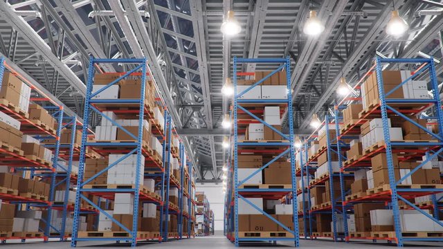 Warehouse with cardboard boxes inside on pallets racks, logistic center. Huge, large modern warehouse. Warehouse filled with cardboard boxes on shelves. Loop-able seamless 4K 3D animation