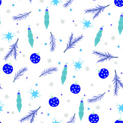Christmas hand drawn seamless  pattern. Xmas decorations sketch texture. Christmas  gift, fir tree,spruce branches,ball and snowflakes. Holiday scandinavian illustration. New Year textile, wrapping pa