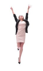 Obraz premium full length . happy young business woman looking up