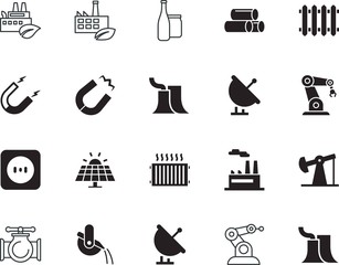 factory vector icon set such as: mill, sunlight, jack, casting, petroleum, slag, material, fresh, cell, drain, pipes, health, socket, european, art, automation, rig, smelting, pumpjack, beer, molten