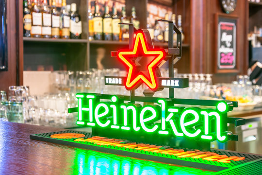 Heineken Sign On The Bar In The Pub. Russia, Sait-Petersburg. 23 April 2019.