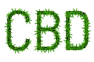Word CBD cannabis made from green hemp leaves on a white background. Isolated. CBD cannabidiol green marijuana leaf