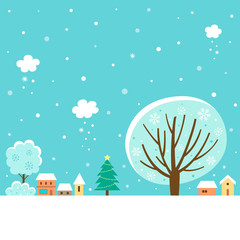 Winter village landscape with winter tree