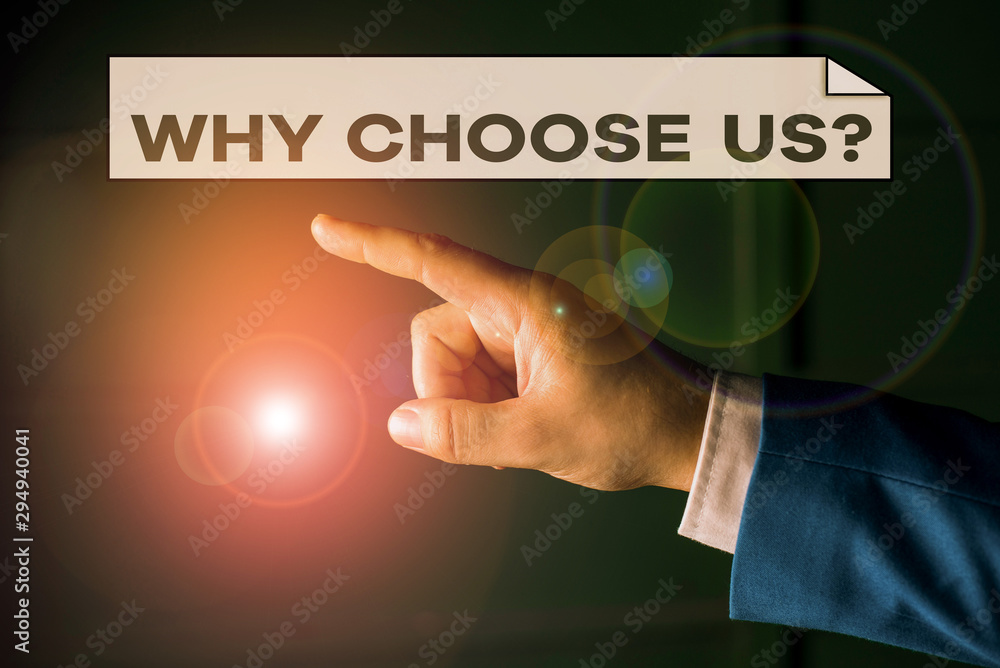 Aufkleber writing note showing why choose us question. business concept for reasons for choosing our brand ove
