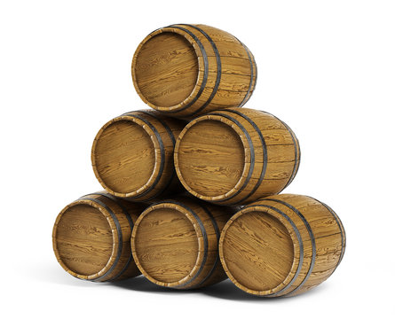 Wooden barrels stacked on white background. 3d illustration