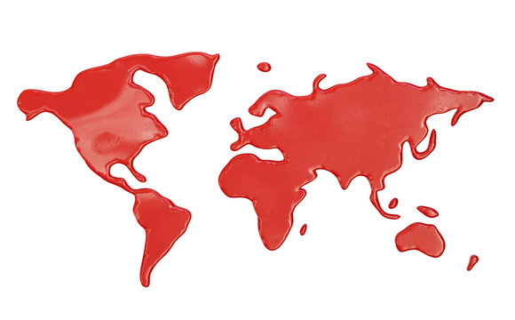 World map made of red liquid. Spilled red paint. 3d illustration