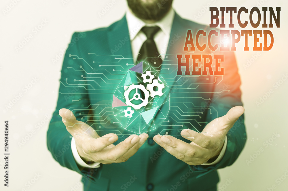 Poster writing note showing bitcoin accepted here. business concept for you can purchase things through cry