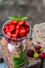 strawberries, fresh berries dessert (tasty juicy fruits, sweet vitamins) menu concept. food background. copy space. Top view