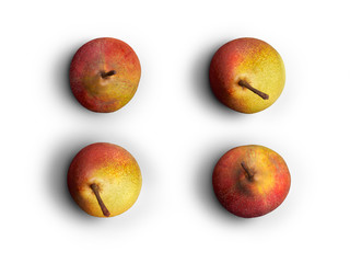 A collection of ripe juicy golden red pears isolated against a white background.