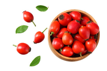 rosehip berries with green leaves isolated on white background. Top view