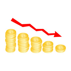 Drop in revenue. Chart with gold coins. Worsening welfare. Bankruptcy. Business failure concept with golden coins, template for design, vector illustration
