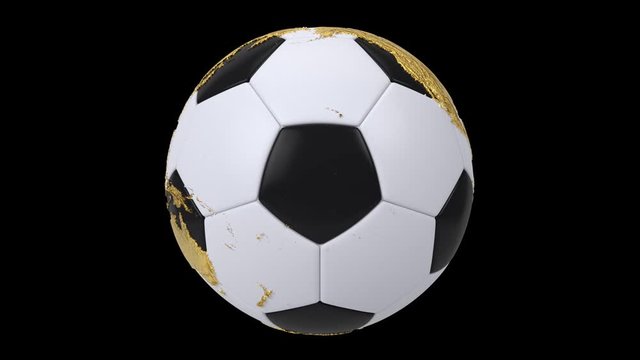 Realistic soccer ball isolated on black screen. 3d seamless looping animation. Detailed gold world map on black and white soccer ball.