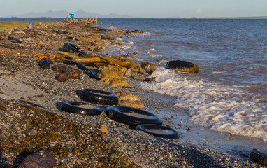 Shore of a beach full of rubbish and rubbish that pollutes the environment