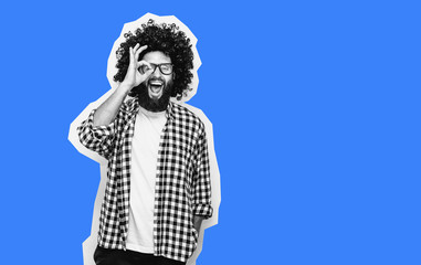 Crazy hipster guy emotions. Collage in magazine style with happy emotions. Discount, sale, season...
