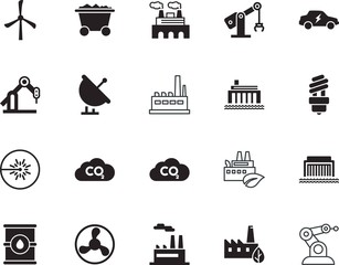 factory vector icon set such as: recycle, broadcast, heat, electro, control, rotor, wave, assembly, tree, sustainable, radar, conservation, trolley, cityscape, shiny, storage, panel, wagon, recycling