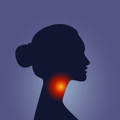 Woman silhouette throat irritation, sore throat, symptom of flu, health problems. Vector illustration in neon light style, medical concept human head profile, icon, healthcare service logo, flat style