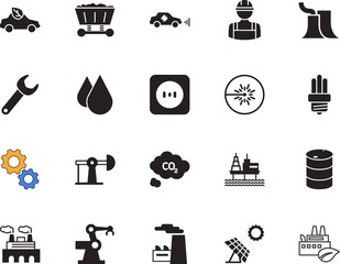 factory vector icon set such as: coal, co2, mining, communication, image, carbon, raw, gears, avatar, splash, cooperation, automatic, autopilot, european, petrol, motion, sensing, hard, saver, active