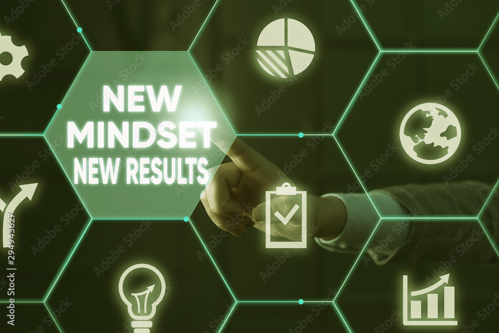 Poster writing note showing new mindset new results. business concept for open to opportunities no limits t