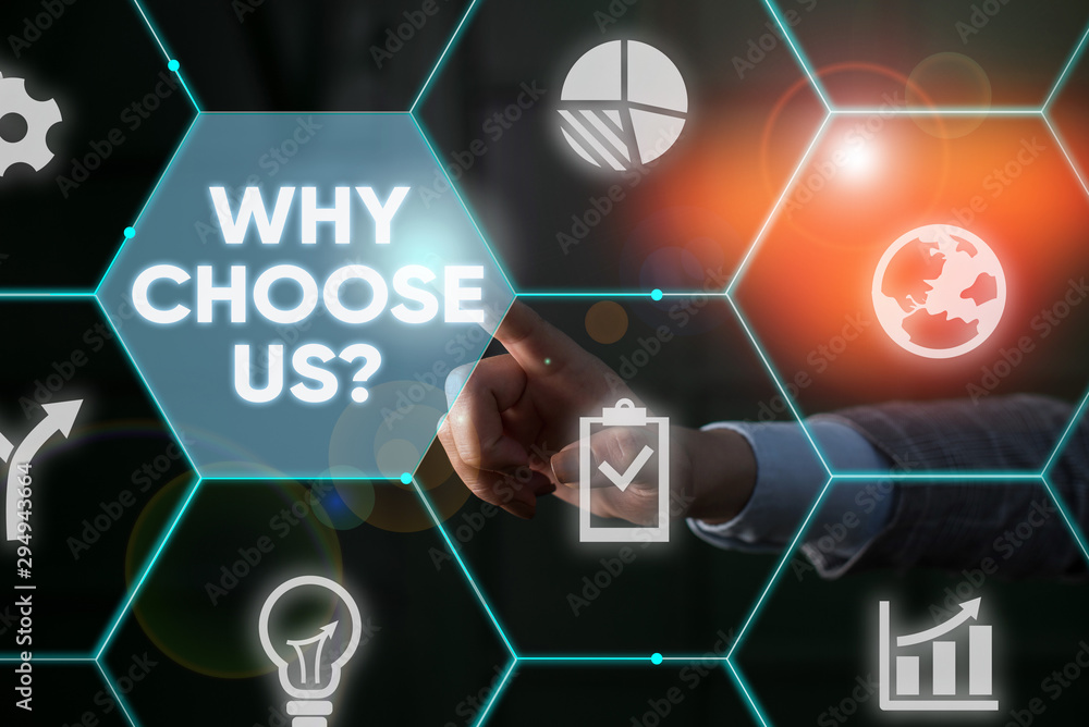 Poster writing note showing why choose us question. business concept for reasons for choosing our brand ove