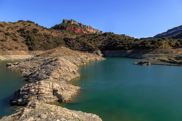 Fototapeta na wymiar View of almost empty Siurana water reservoir, Tarragona, Spain
