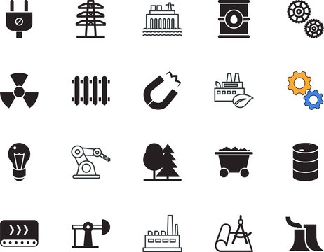 Factory Vector Icon Set Such As: Shiny, Architect, Hydro, Mine, Steel, Engineer, Compass, Cogs, Planning, Lines, Packaging, Pylon, Socket, Blue, Drafting, Force, Draft, Dam, Process, Gray, Automatic