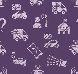 Emergency service, seamless pattern, color, hatching, purple, vector. Emergency medical and fire assistance, reference services. Imitation of pencil hatching. Bright pictures on a purple field.  