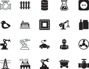 factory vector icon set such as: futuristic, transport, alcohol, test, wheel, engineer, crude, decoration, development, human, fossil, automobile, laboratory, rotation, builder, auto, hard, structure