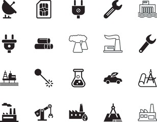 factory vector icon set such as: alternative, information, broadcast, robotic, sim, impact, ray, light, flash, laboratory, glass, data, hand, mechanic, blue, ocean, automatic, robot, piping, dam