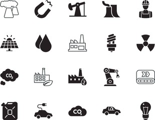 factory vector icon set such as: panels, blue, diesel, splash, glass, ultrasonic, color, conveyor, hybrid, handling, recycling, process, intelligent, low, cell, horseshoe, icons, attraction, saver