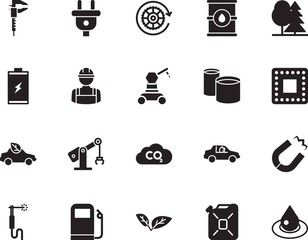 factory vector icon set such as: attract, attraction, low, generation, interface, drive, drop, torch, emissions, leaves, benzine, shape, microchip, workshop, cartoon, station, text, organic, measure