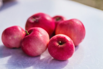 red apples on white background closeup, summer Sunny day, beautiful natural background