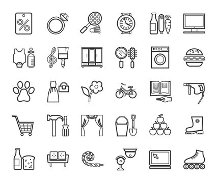 Shops, Monochrome Icons, Thin Outline, Vector. Different Categories Of Goods. Gray Icons On A White Field.  